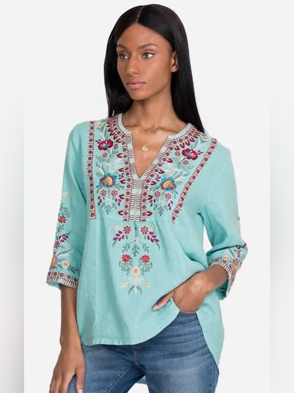 Johnny Was Linen Nya Weekend Embroidered Blouse Top Floral Sz XXS Blue 3/4 Sleev